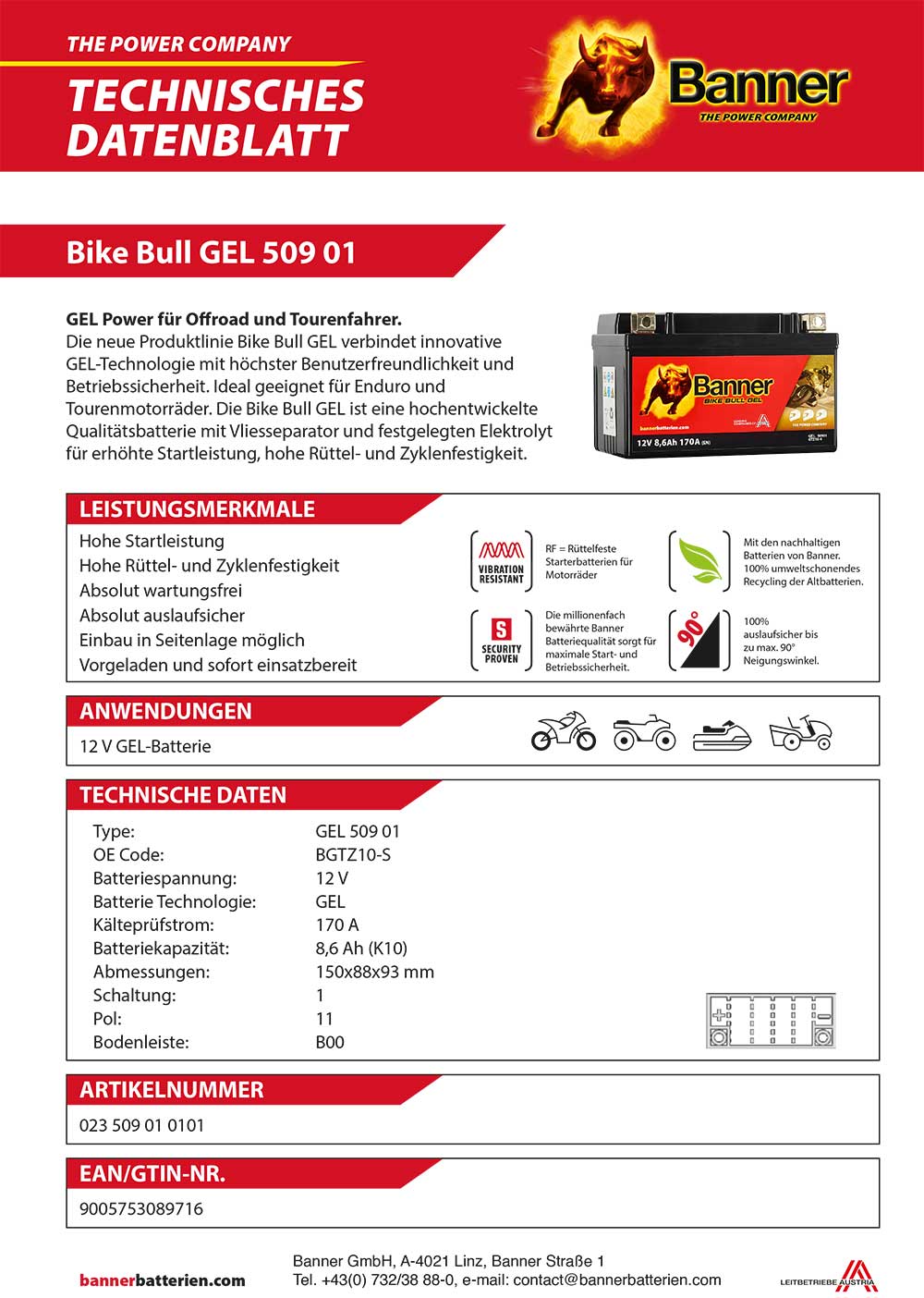 BANNER Batterie 50901 GEL